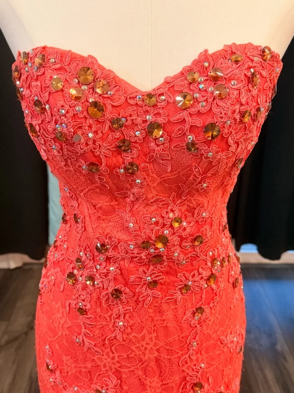 Anny Lee Coral Lace Mermaid Prom Dress Beaded Formal Gown Small Pageant Event - Picture 3 of 16
